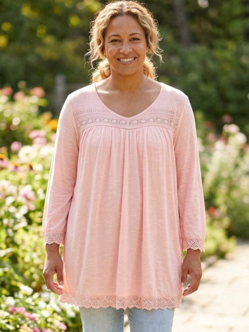 CUPIO Pink Eyelet Lace Trim Tunic Top Blouse Peasant Boho Long Sleeve - Size L